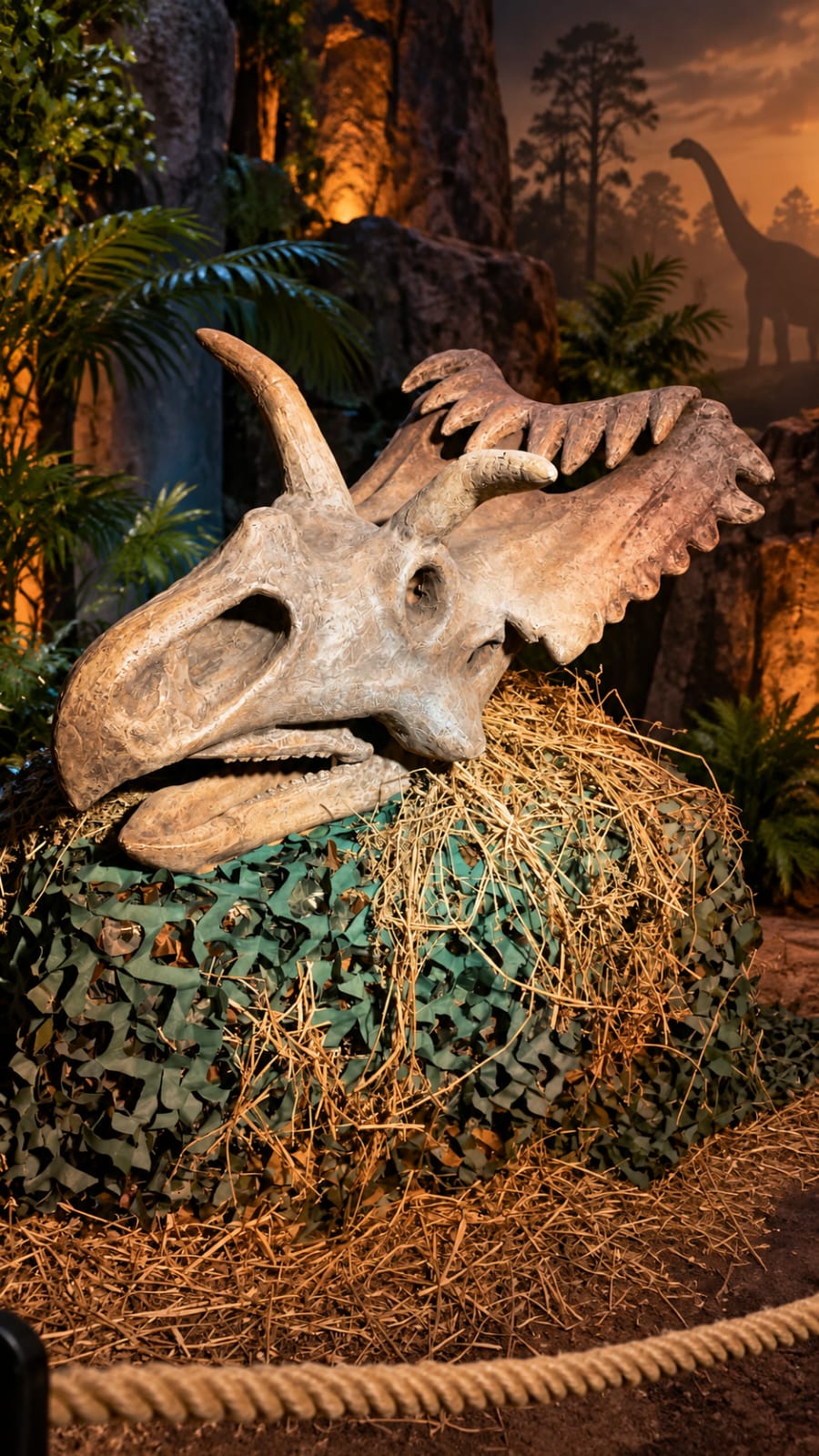 Réplica de um crânio de dinossauro em exposição