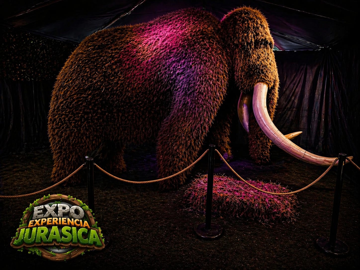 Mamute de pelagem marrom e grandes presas curvas na exposição