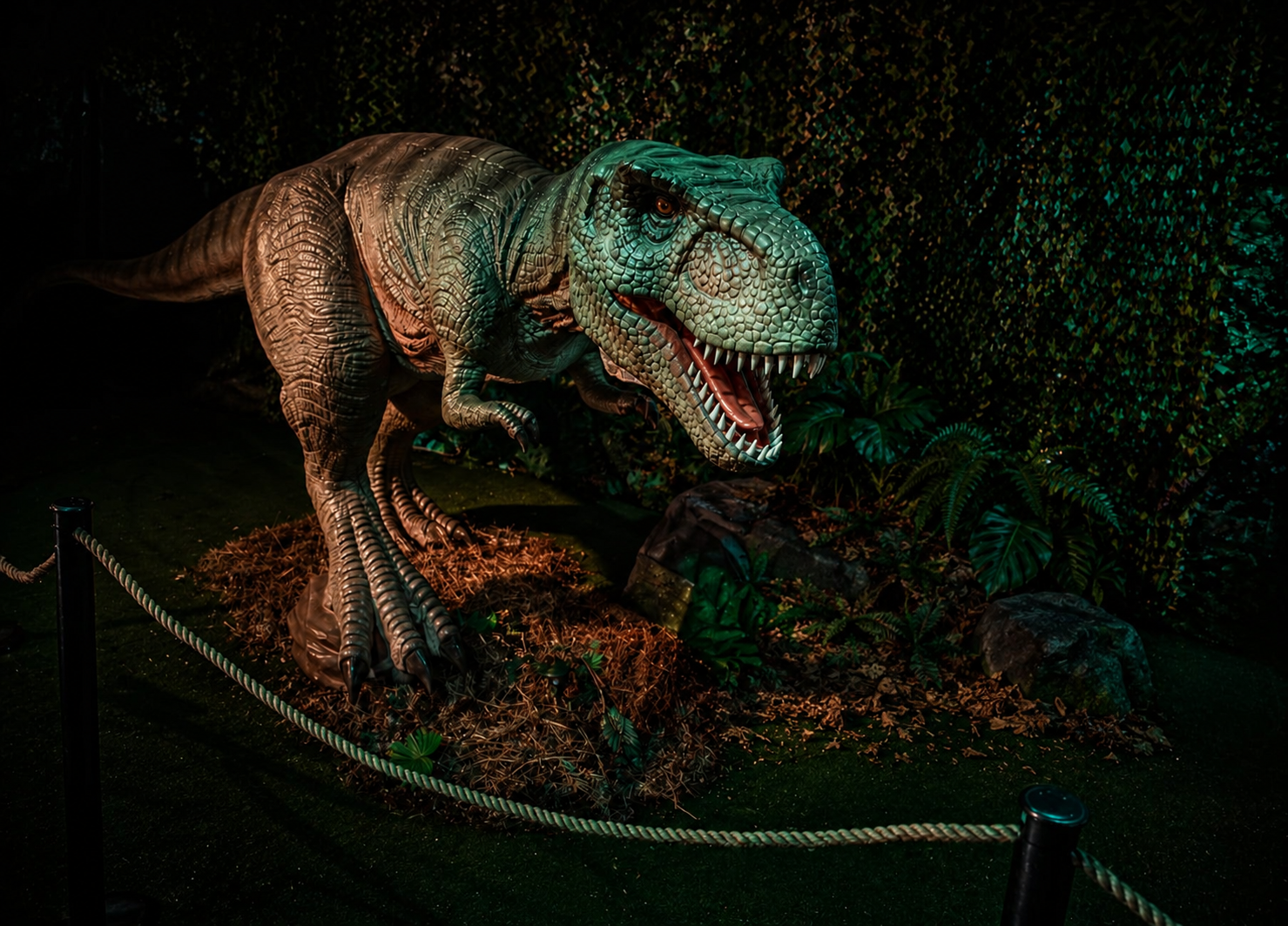 Réplica de um T-rex de boca aberta em cenário de floresta